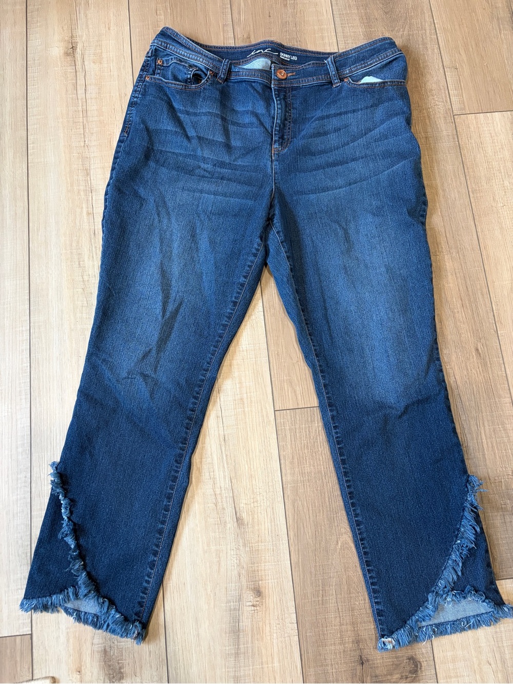 INC International Concepts Dark Blue Frayed Tulip Hem Skinny Jeans